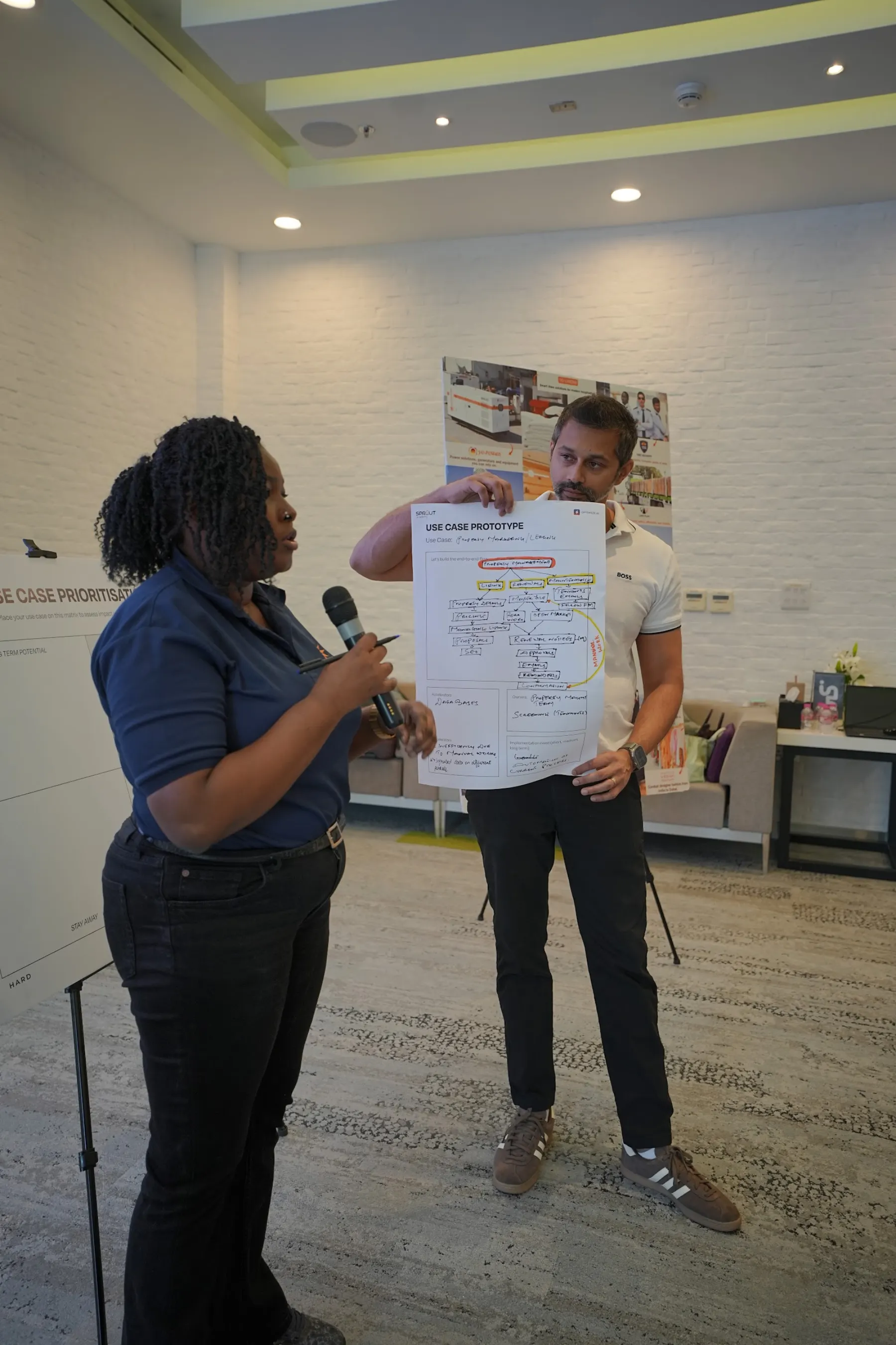 A participant presenting her team’s use case on stage
